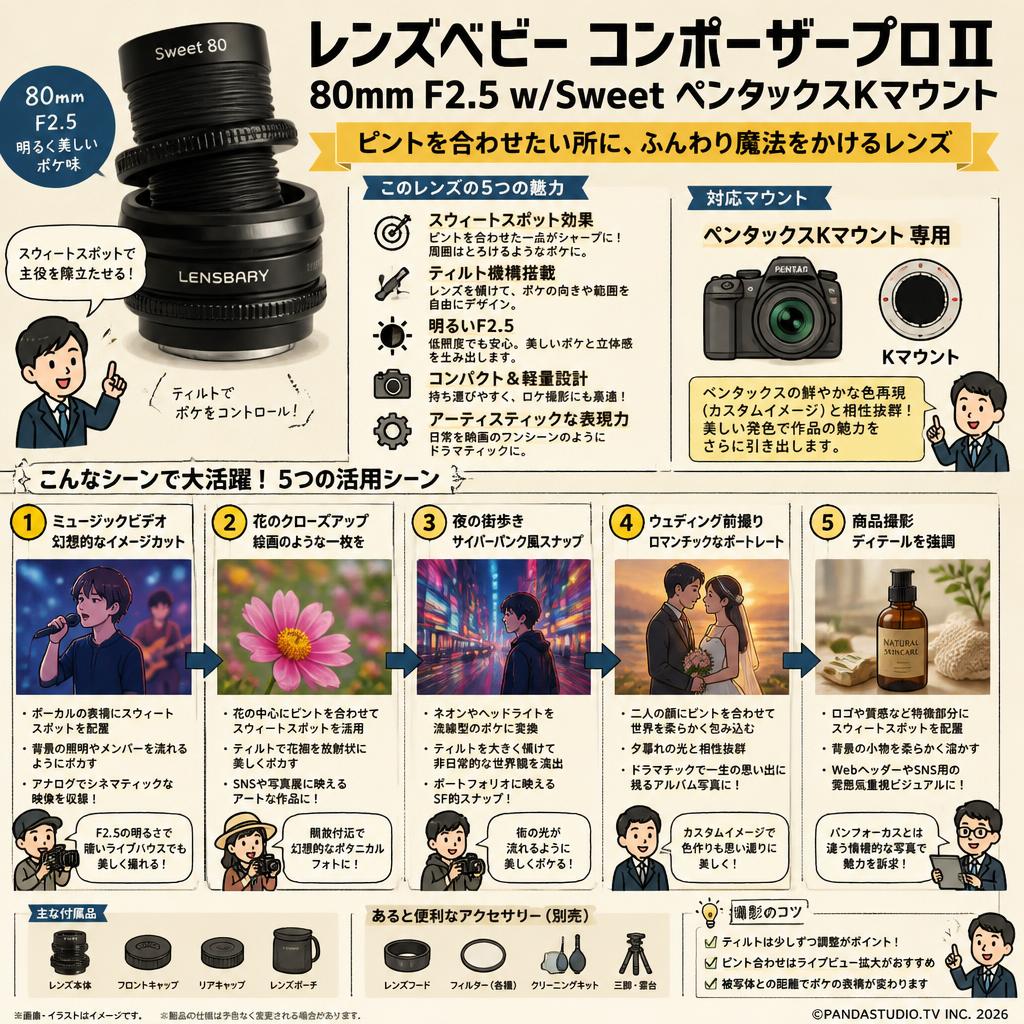 レンズベビー コンポーザープロⅡ 80mm F2.5 w/Sweet ペンタックスKマウント 用途