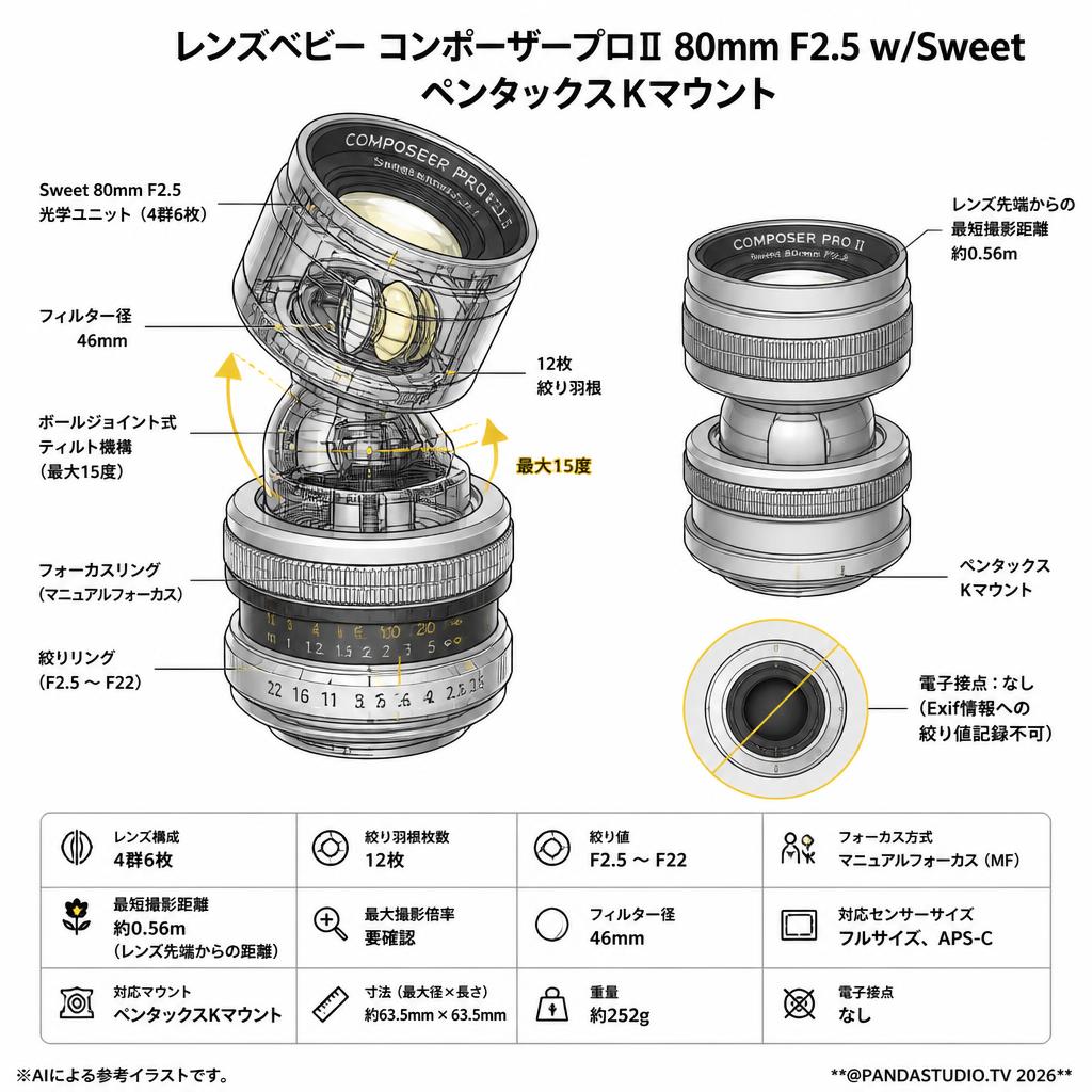 レンズベビー コンポーザープロⅡ 80mm F2.5 w/Sweet ペンタックスKマウント スペック