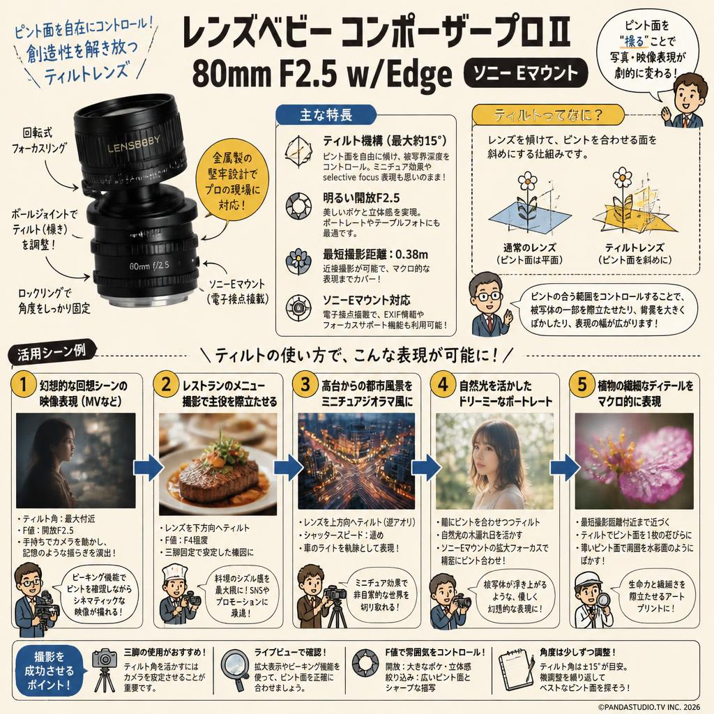 レンズベビー コンポーザープロⅡ 80mm F2.5 w/Edge  ソニーEマウント 用途