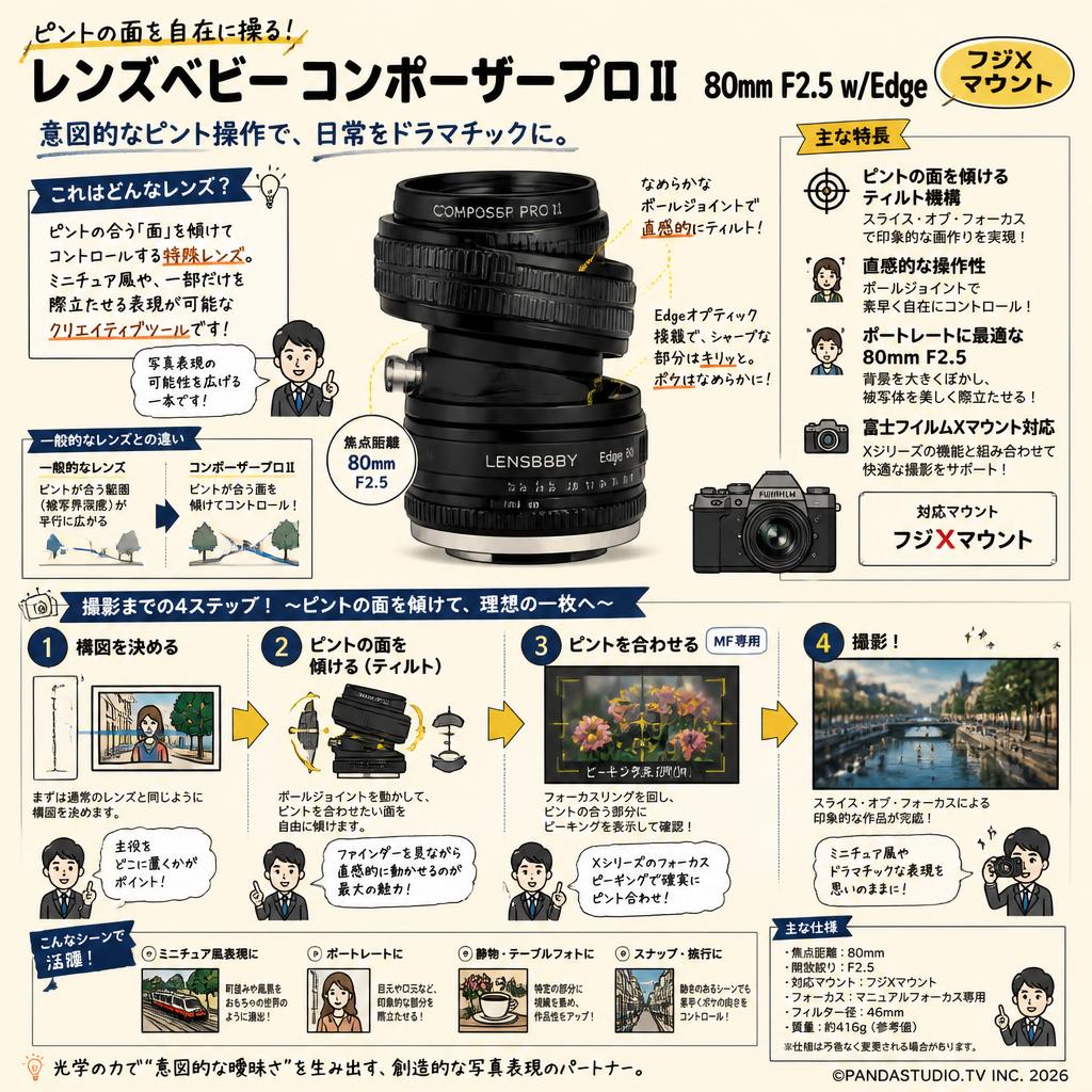 レンズベビー コンポーザープロⅡ 80mm F2.5 w/Edge フジXマウント 概要