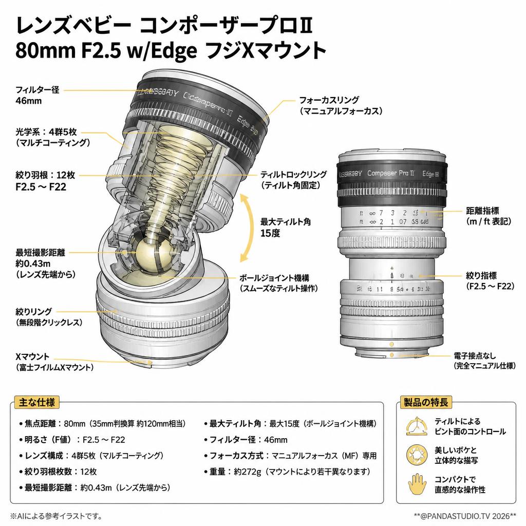 レンズベビー コンポーザープロⅡ 80mm F2.5 w/Edge フジXマウント スペック