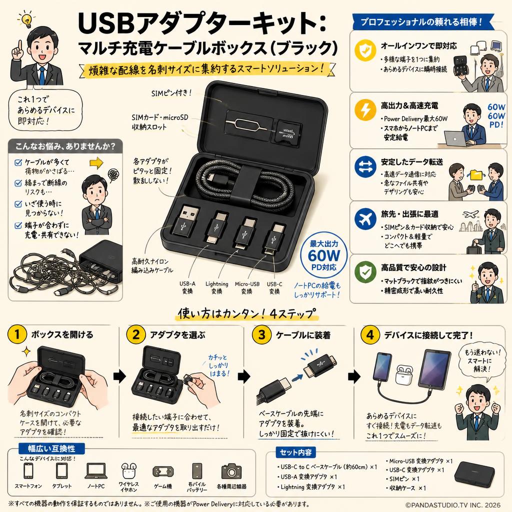 USBアダプターキット: マルチ充電ケーブルボックス（ブラック） 概要