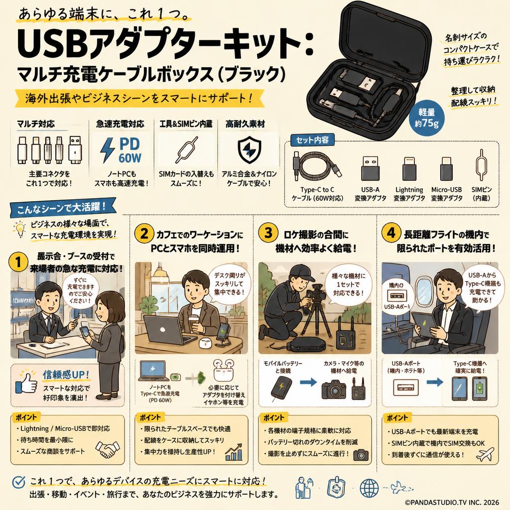 USBアダプターキット: マルチ充電ケーブルボックス（ブラック） 用途