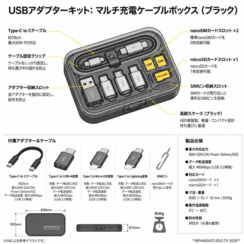 USBアダプターキット: マルチ充電ケーブルボックス（ブラック） スペック