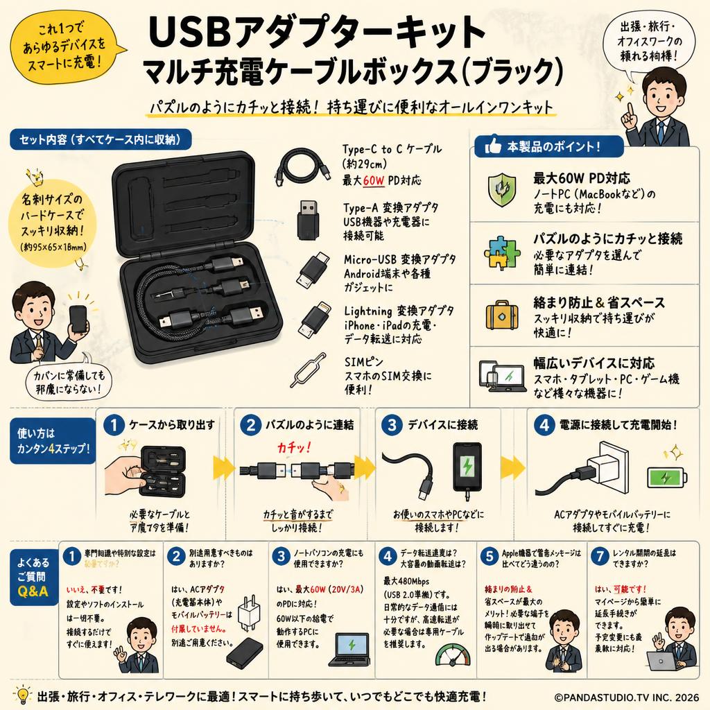 USBアダプターキット: マルチ充電ケーブルボックス（ブラック） FAQ（よくある質問と答え）