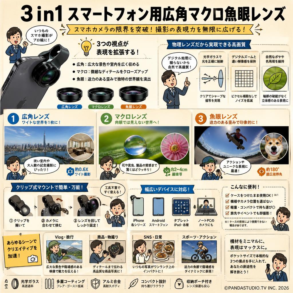 3 in1 スマートフォン用広角マクロ魚眼レンズ 概要