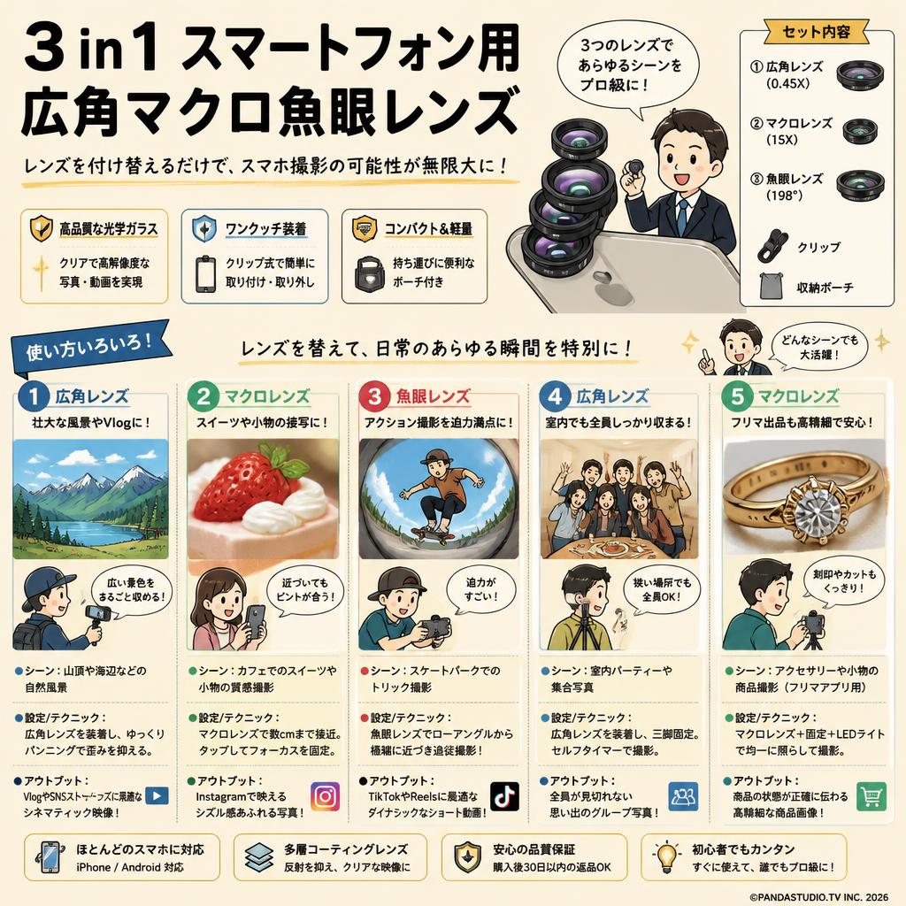 3 in1 スマートフォン用広角マクロ魚眼レンズ 用途