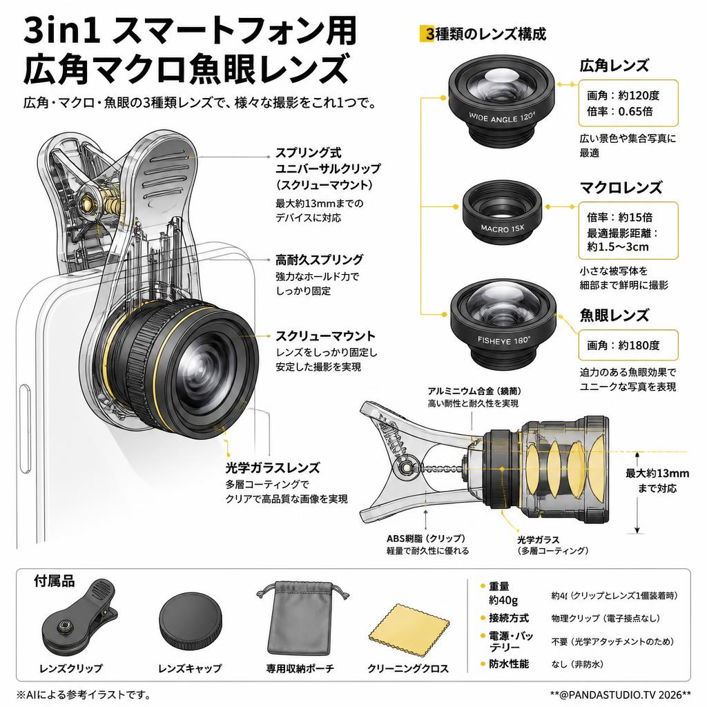 3 in1 スマートフォン用広角マクロ魚眼レンズ スペック
