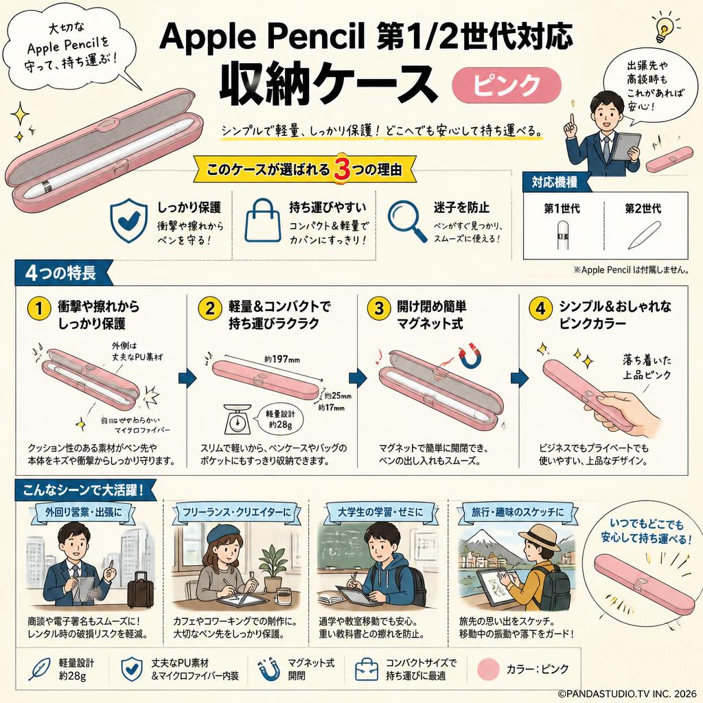 Apple Pencil 第1/2世代対応 収納ケース ピンク おもな対象のお客様