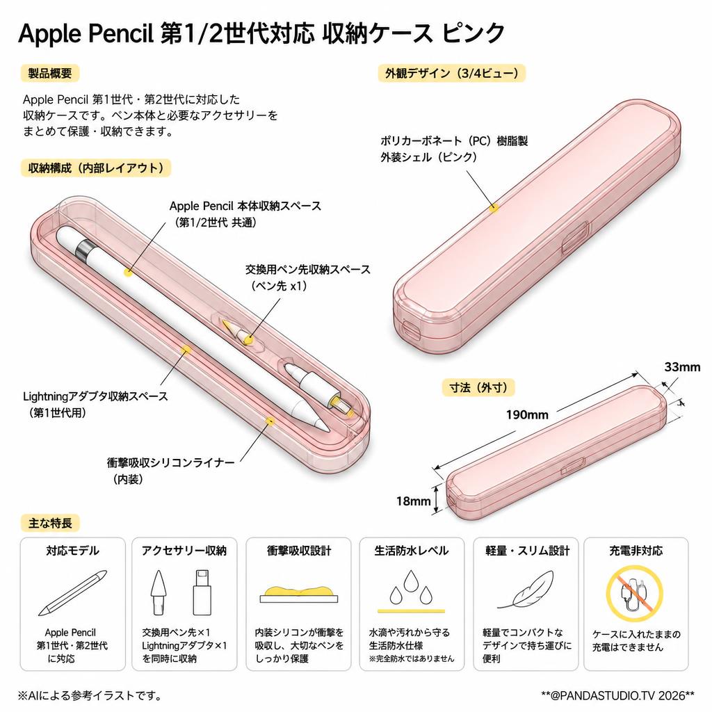 Apple Pencil 第1/2世代対応 収納ケース ピンク スペック