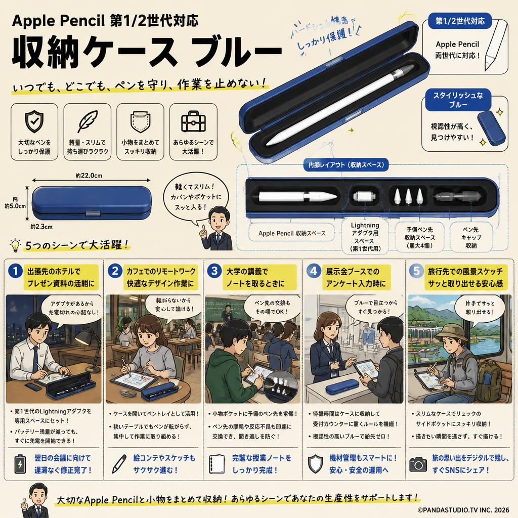 Apple Pencil 第1/2世代対応 収納ケース ブルー 用途