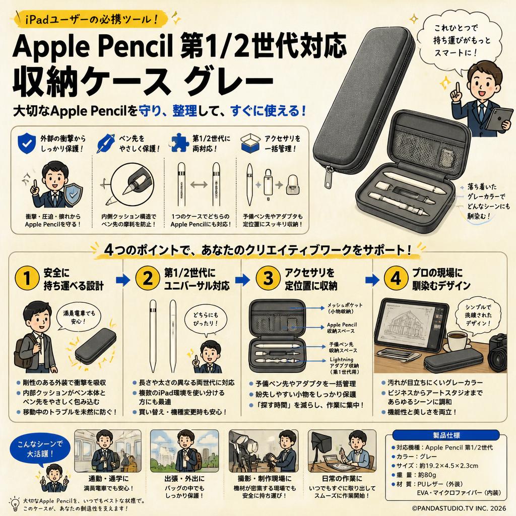Apple Pencil 第1/2世代対応 収納ケース グレー 概要