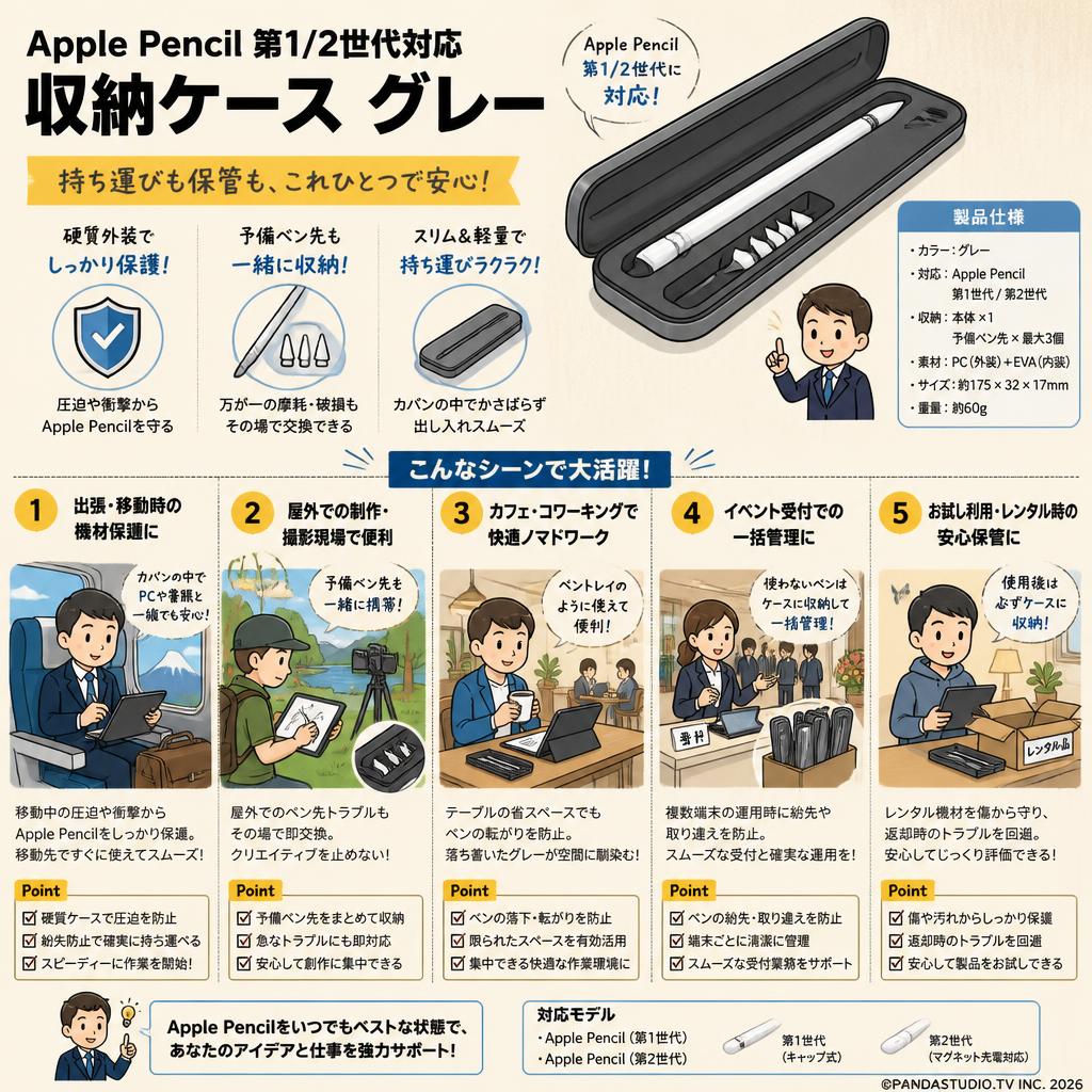 Apple Pencil 第1/2世代対応 収納ケース グレー 用途