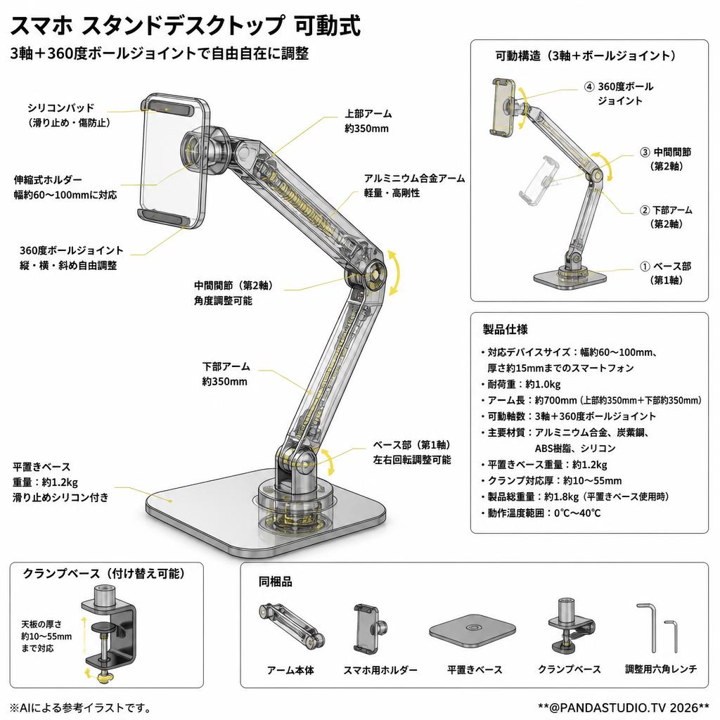 スマホ スタンドデスクトップ 可動式 スペック