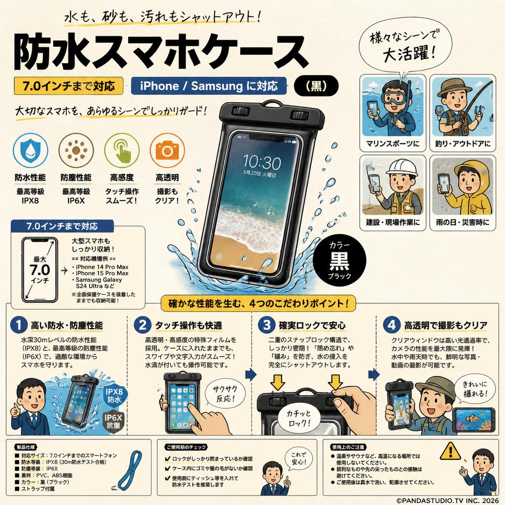 防水スマホケース 7.0インチまで対応 Iphone/samsung に対応（黒） 概要