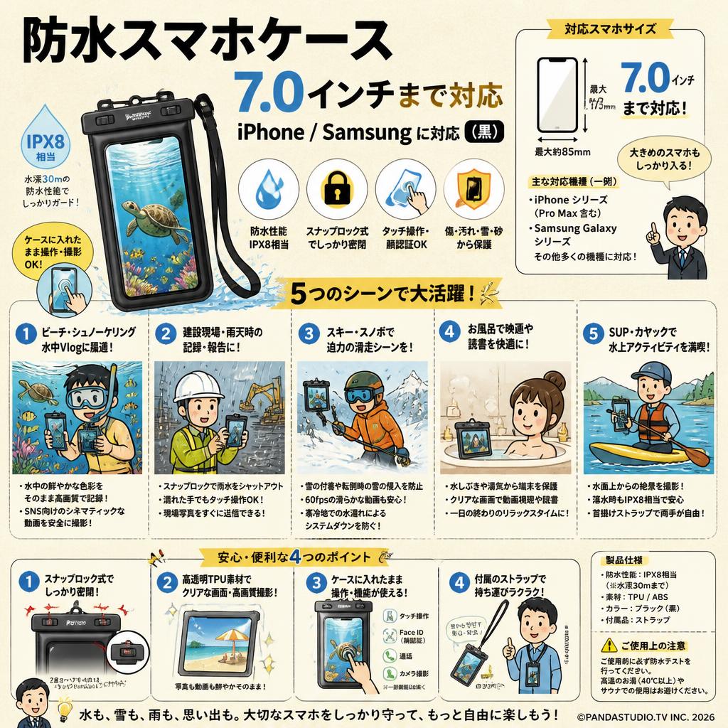 防水スマホケース 7.0インチまで対応 Iphone/samsung に対応（黒） 用途