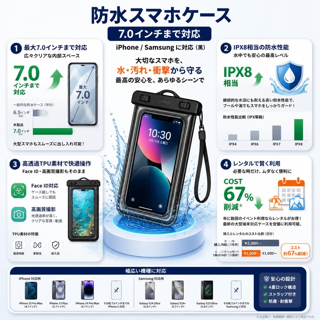 防水スマホケース 7.0インチまで対応 Iphone/samsung に対応（黒） セールスポイント