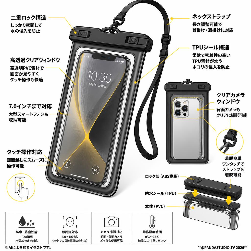 防水スマホケース 7.0インチまで対応 Iphone/samsung に対応（黒） スペック