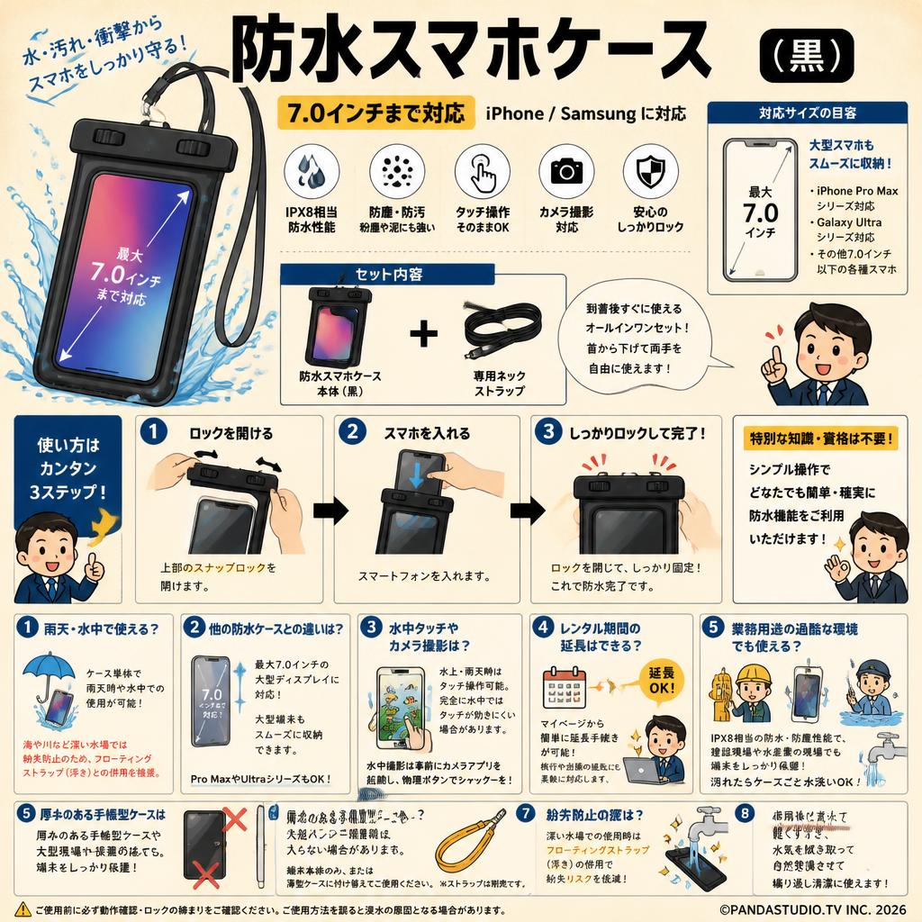 防水スマホケース 7.0インチまで対応 Iphone/samsung に対応（黒） FAQ（よくある質問と答え）