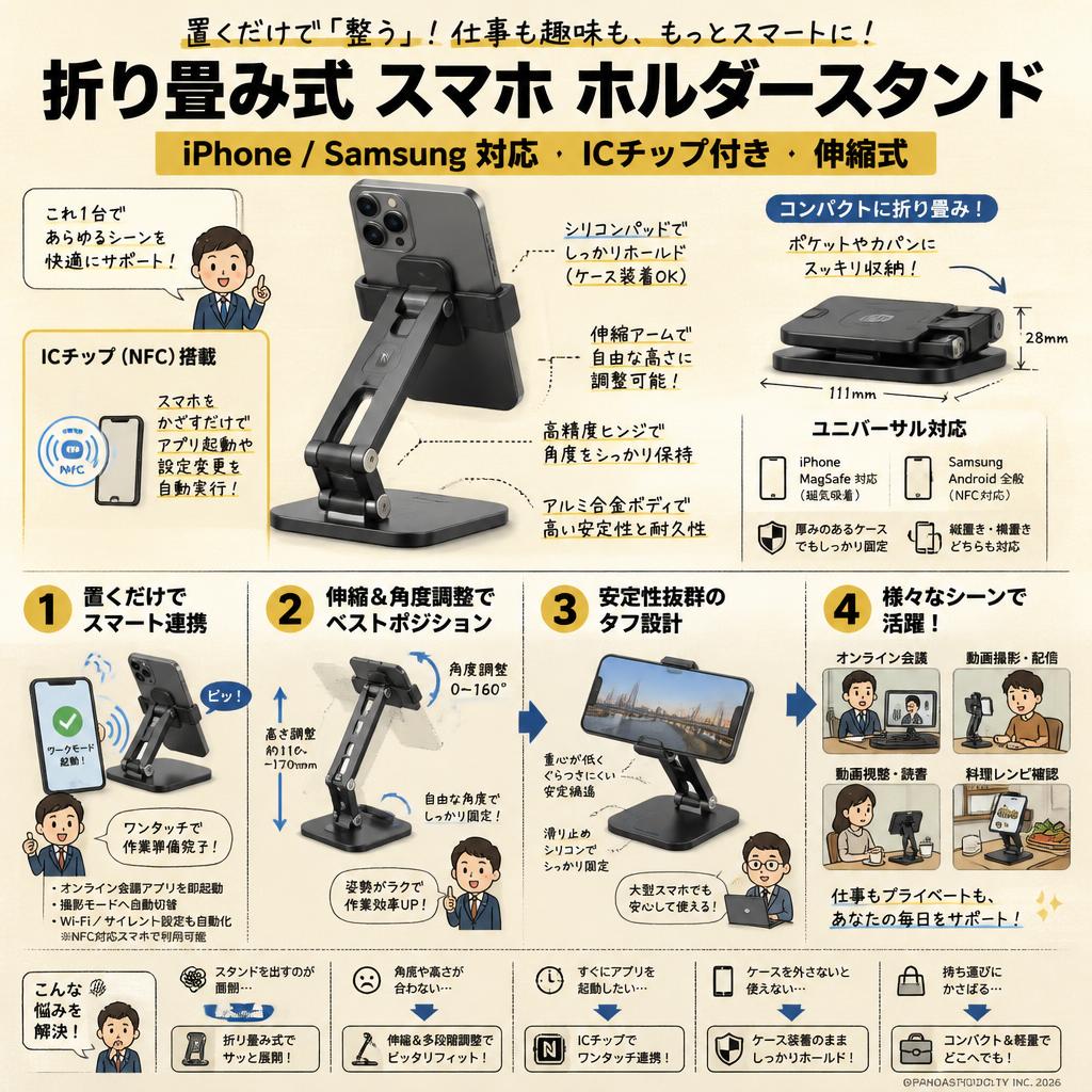 折り畳み式 スマホ ホルダースタンド Iphone/Samsung icチップ付き 伸縮式 概要