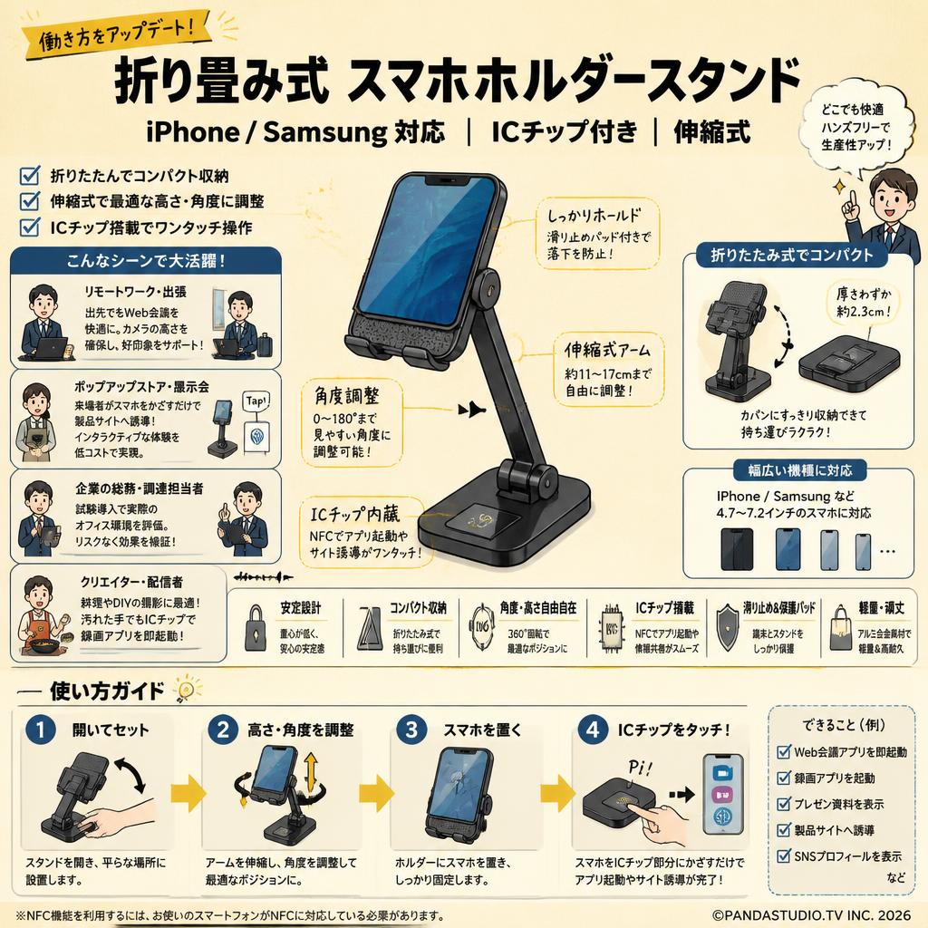 折り畳み式 スマホ ホルダースタンド Iphone/Samsung icチップ付き 伸縮式 おもな対象のお客様