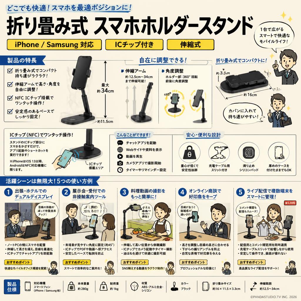 折り畳み式 スマホ ホルダースタンド Iphone/Samsung icチップ付き 伸縮式 用途