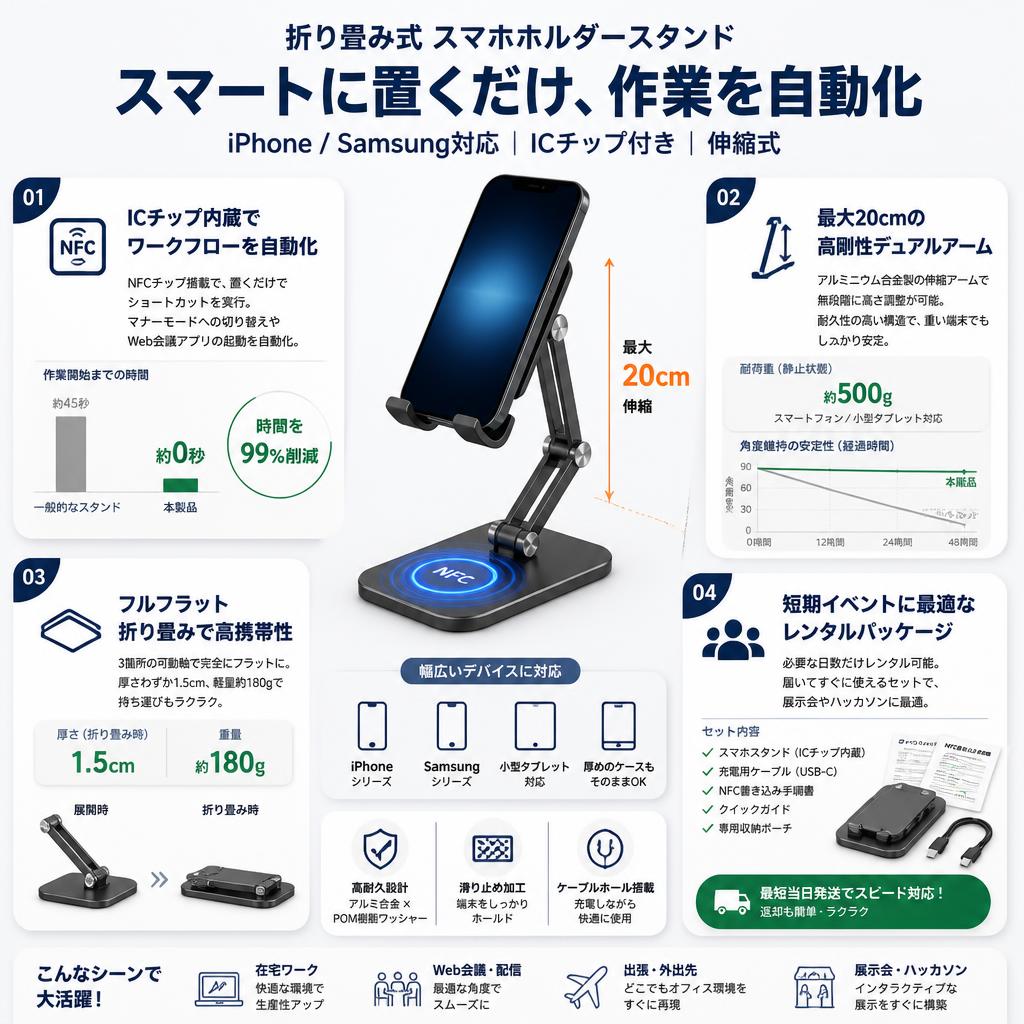 折り畳み式 スマホ ホルダースタンド Iphone/Samsung icチップ付き 伸縮式 セールスポイント
