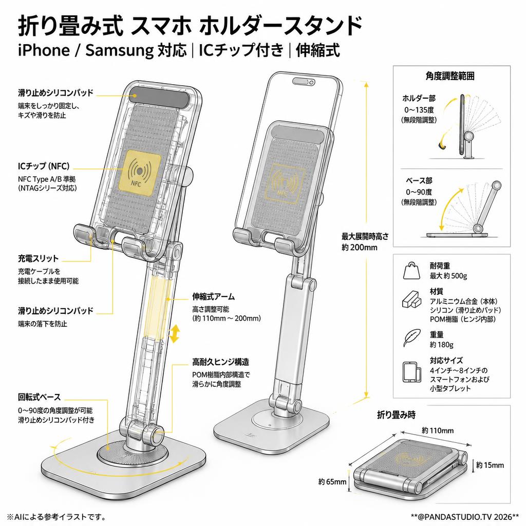 折り畳み式 スマホ ホルダースタンド Iphone/Samsung icチップ付き 伸縮式 スペック