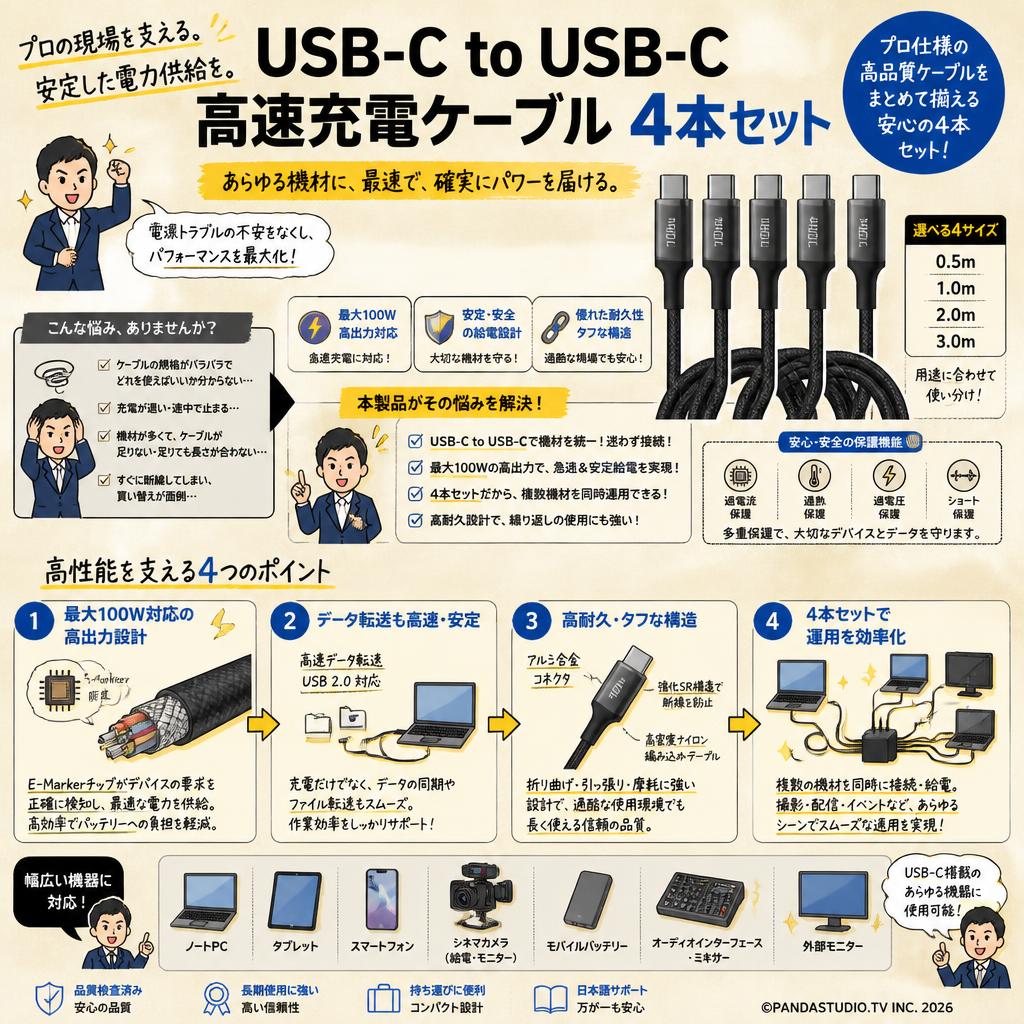 USB-C to USB-C高速充電ケーブル 4本セット 概要