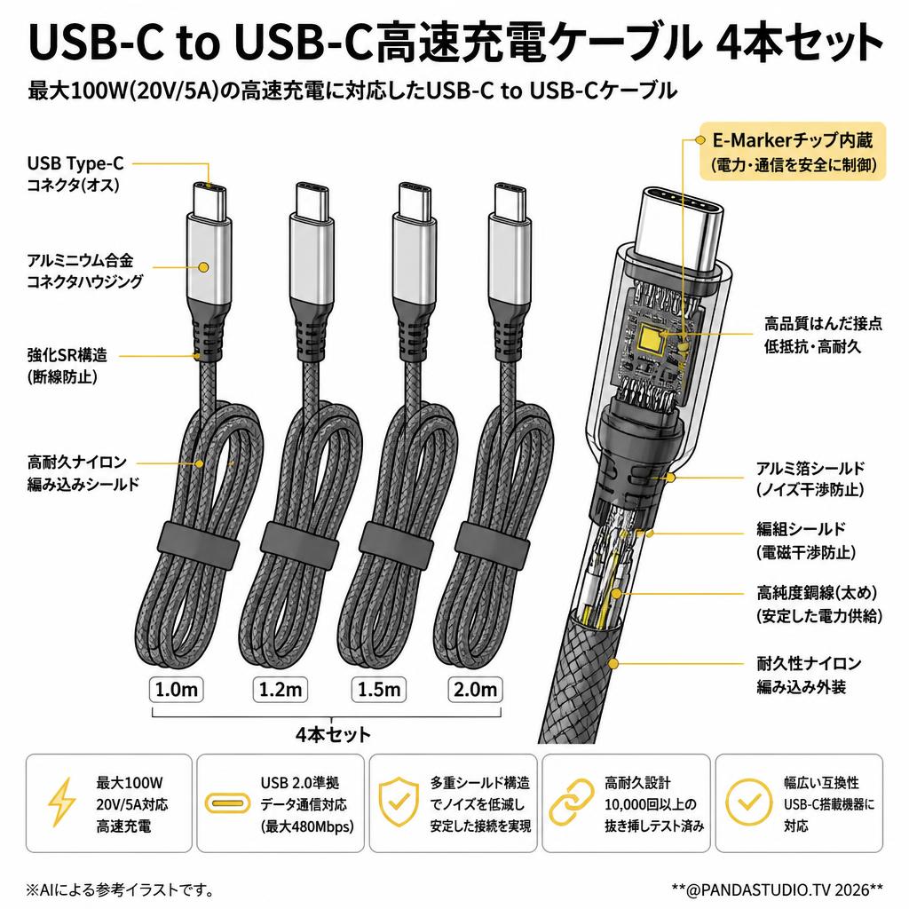 USB-C to USB-C高速充電ケーブル 4本セット スペック