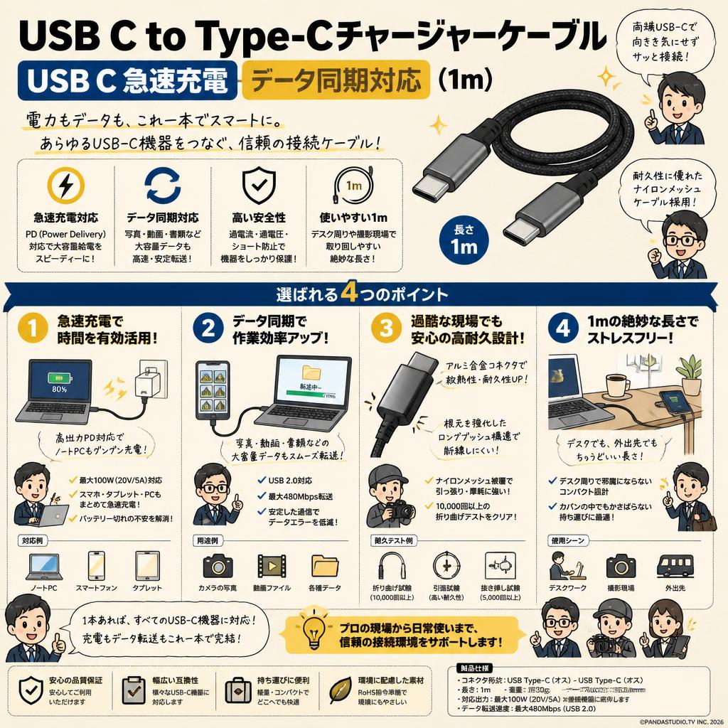 USB C to Type-Cチャージャーケーブル USB C 急速充電 データ同期対応 (1m) 概要