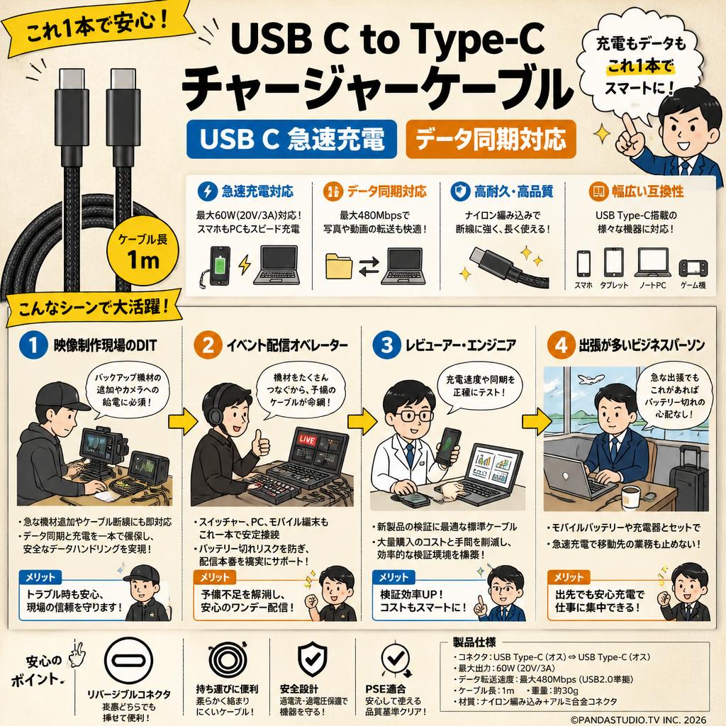 USB C to Type-Cチャージャーケーブル USB C 急速充電 データ同期対応 (1m) おもな対象のお客様