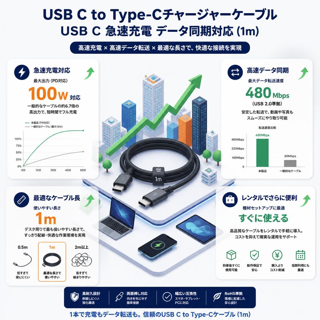 USB C to Type-Cチャージャーケーブル USB C 急速充電 データ同期対応 (1m) セールスポイント
