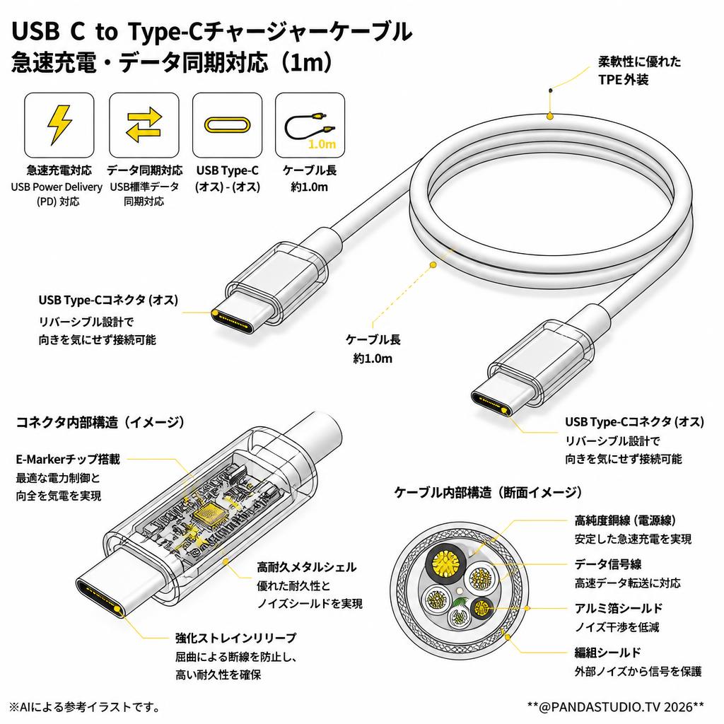 USB C to Type-Cチャージャーケーブル USB C 急速充電 データ同期対応 (1m) スペック