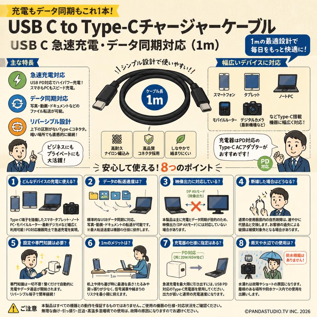USB C to Type-Cチャージャーケーブル USB C 急速充電 データ同期対応 (1m) FAQ（よくある質問と答え）