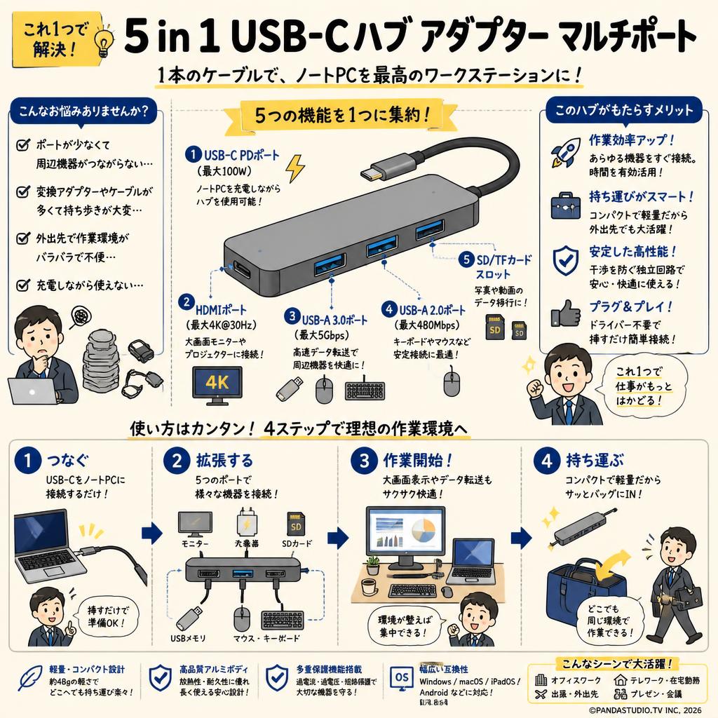 5 in 1 USB-Cハブ アダプター マルチポート 概要
