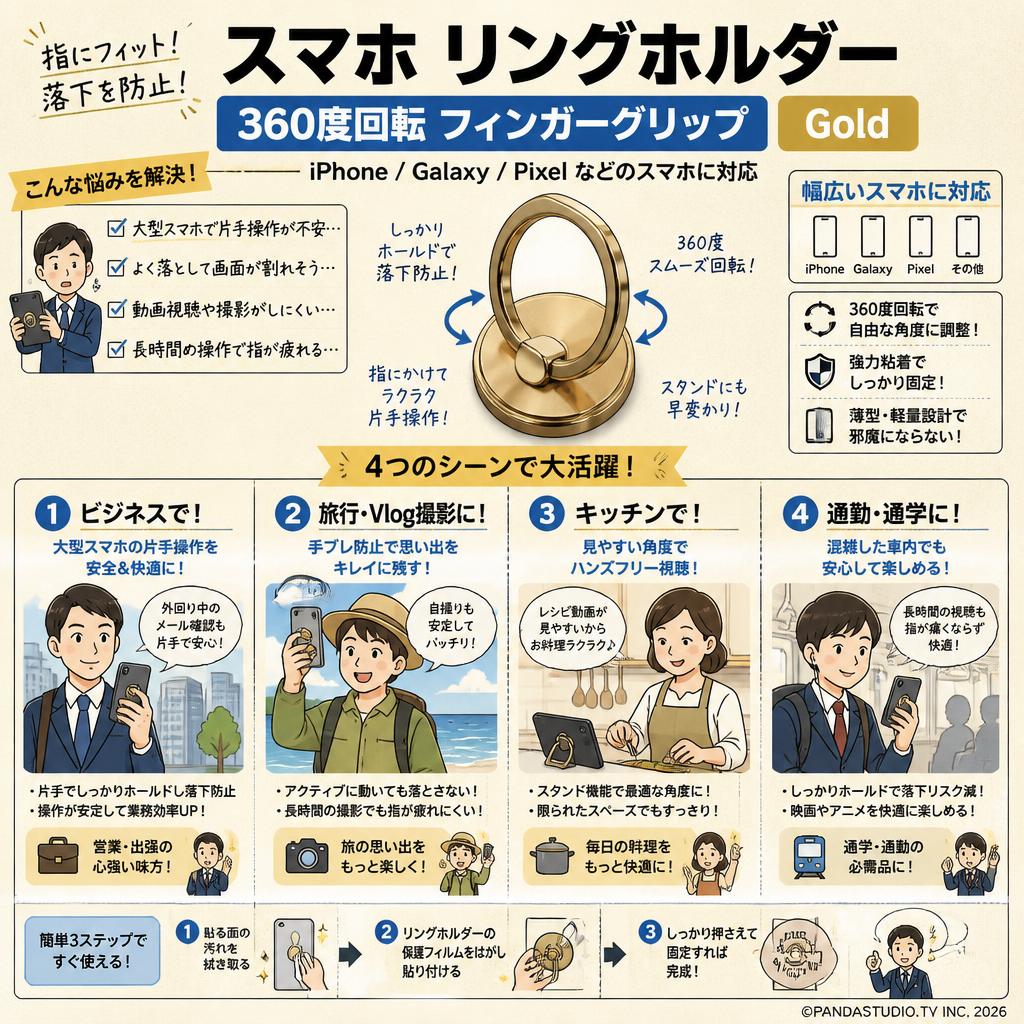 スマホ リングホルダー 360度回転 フィンガーグリップ Gold (iphone,galaxy,pixel スマホに対応) おもな対象のお客様