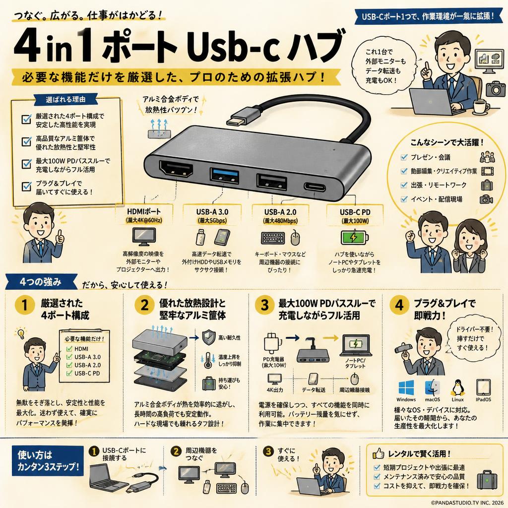 4 in 1 ポート Usb-c ハブ 概要