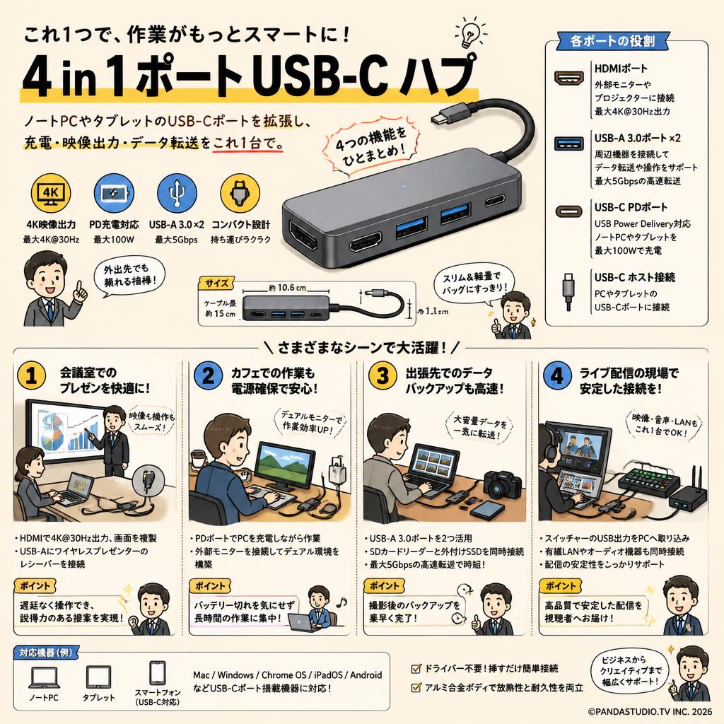 4 in 1 ポート Usb-c ハブ 用途