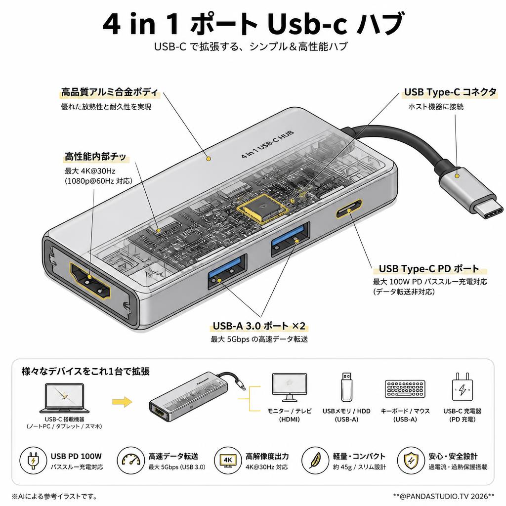 4 in 1 ポート Usb-c ハブ スペック