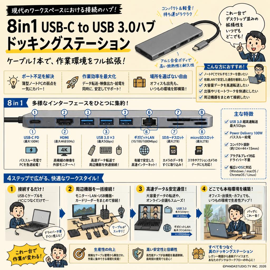 8in1 USB-C to USB 3.0ハブ ドッキングステーション 概要