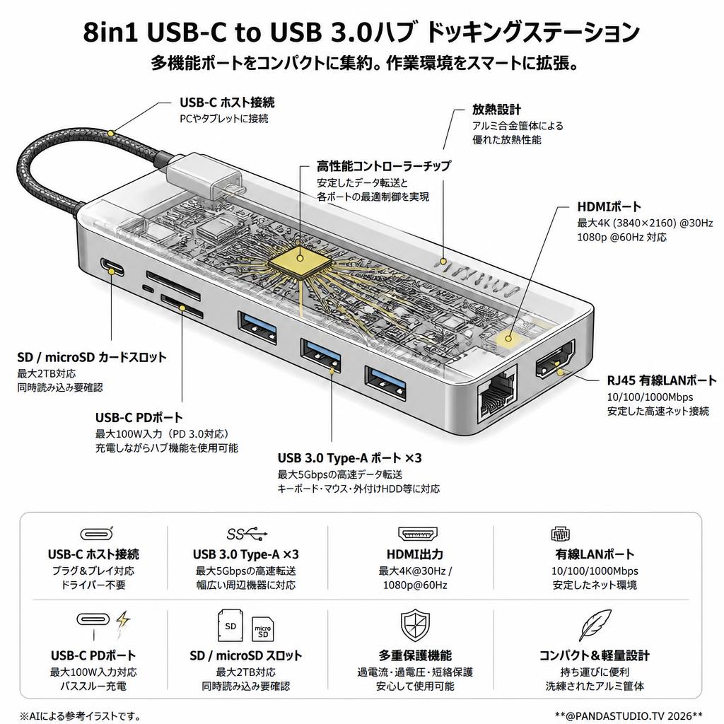 8in1 USB-C to USB 3.0ハブ ドッキングステーション スペック