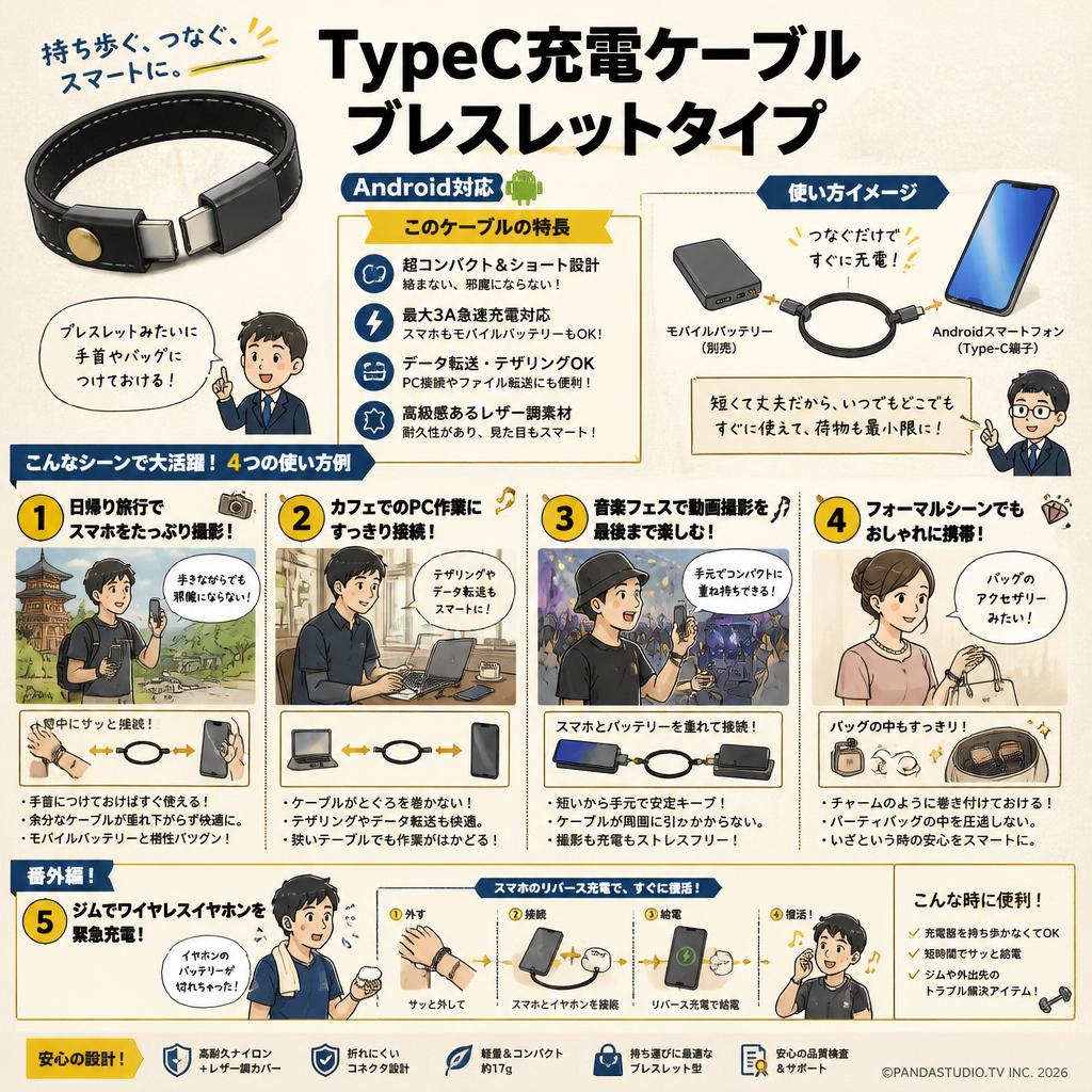 TypeC充電ケーブル ブレスレットタイプ レザー Android対応 用途