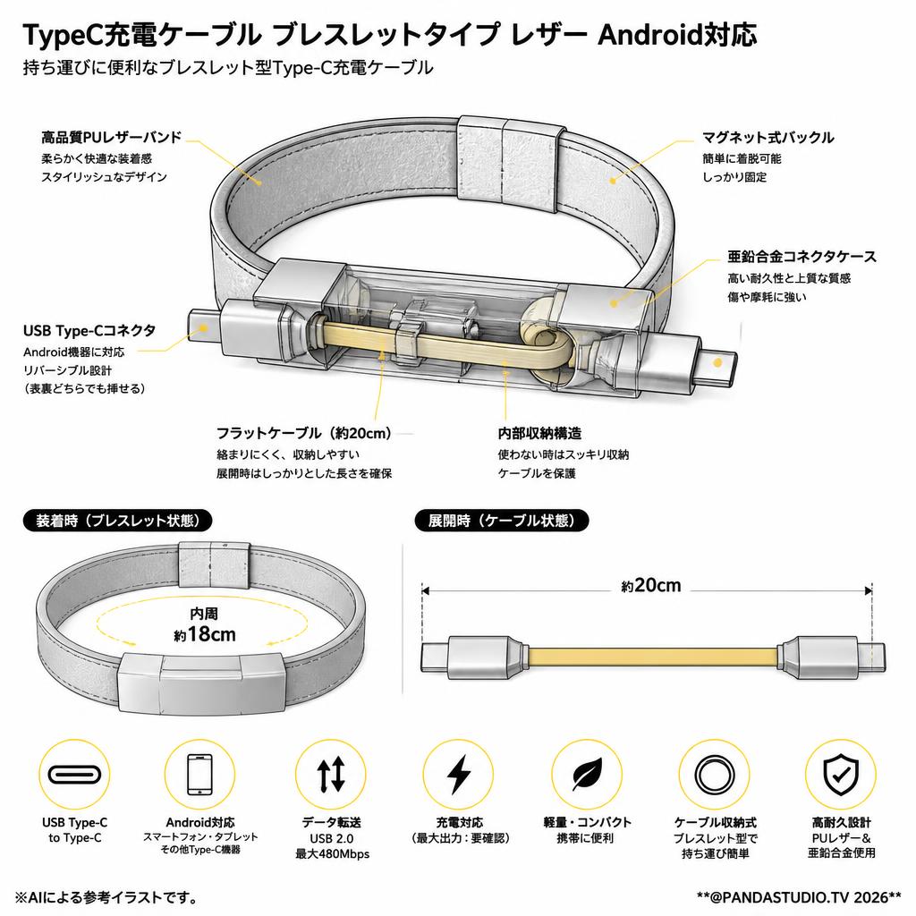 TypeC充電ケーブル ブレスレットタイプ レザー Android対応 スペック
