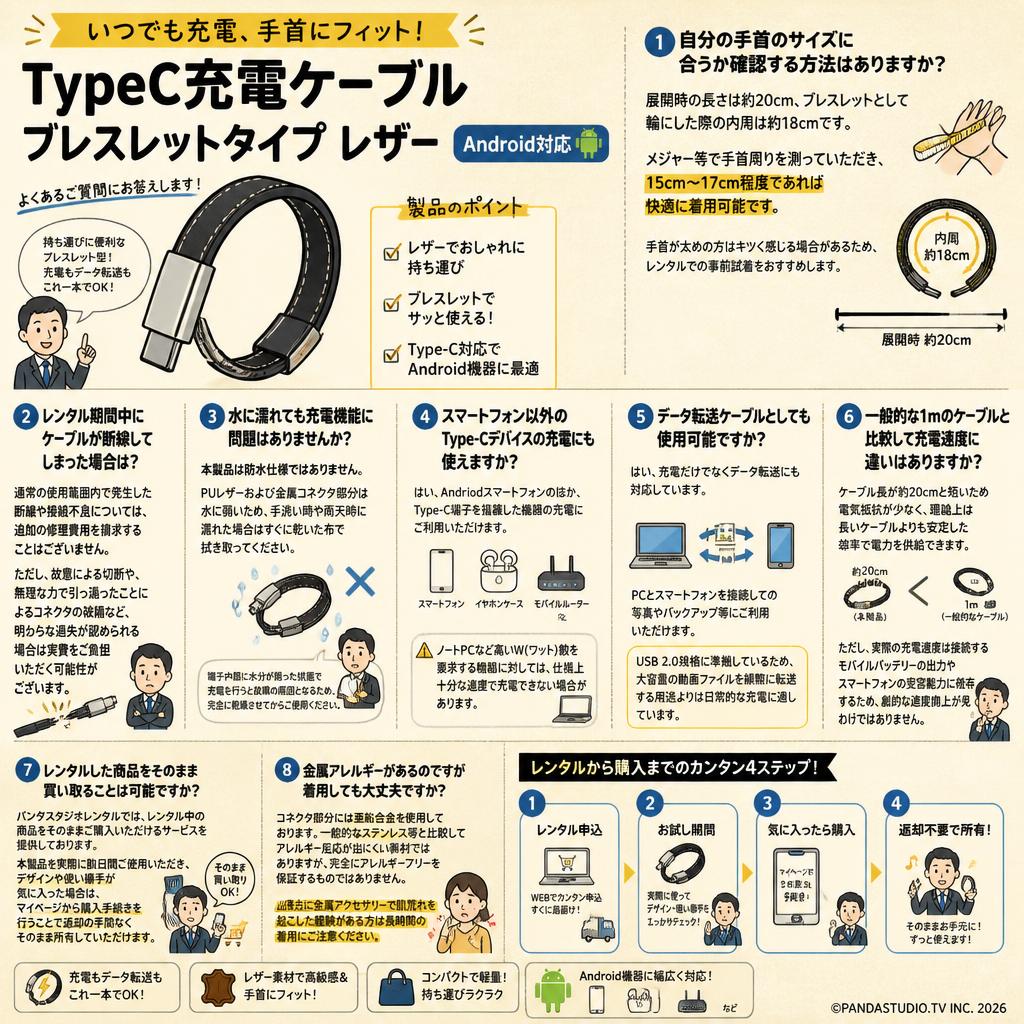 TypeC充電ケーブル ブレスレットタイプ レザー Android対応 FAQ（よくある質問と答え）