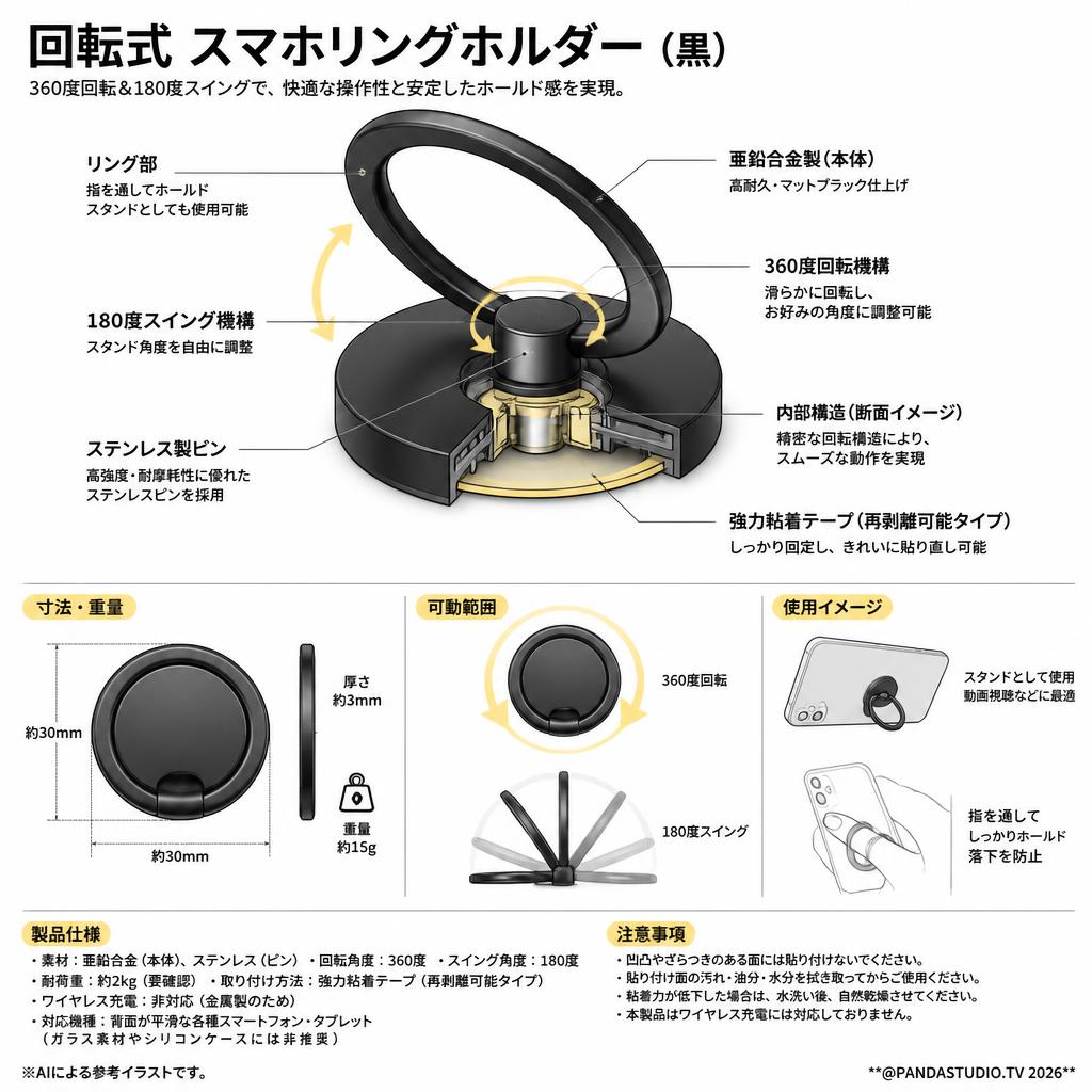 回転式 スマホリングホルダー (黒) スペック