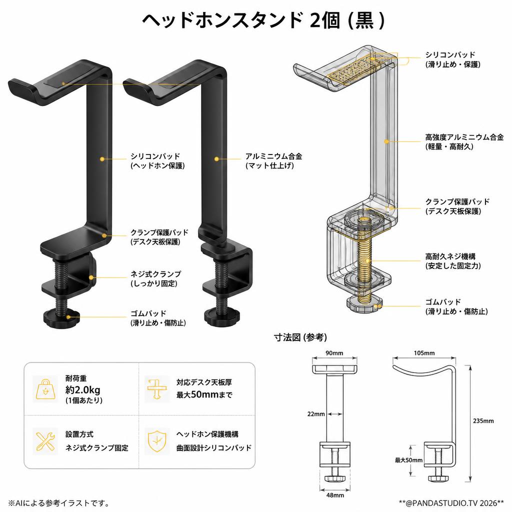 ヘッドホンスタンド 2個 (黒 ) スペック