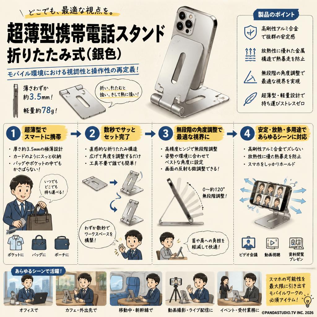 超薄型携帯電話スタンド 折りたたみ式(式銀色) 概要