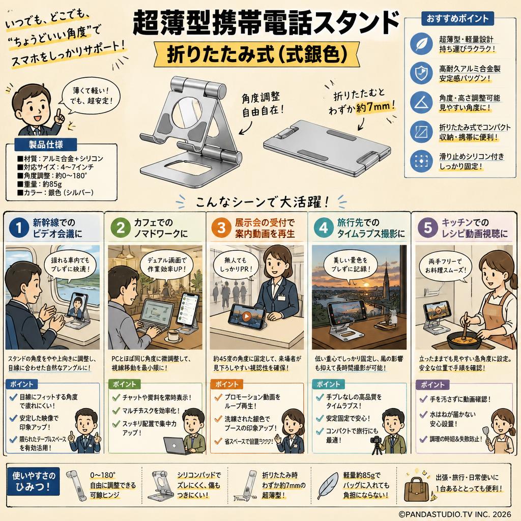 超薄型携帯電話スタンド 折りたたみ式(式銀色) 用途