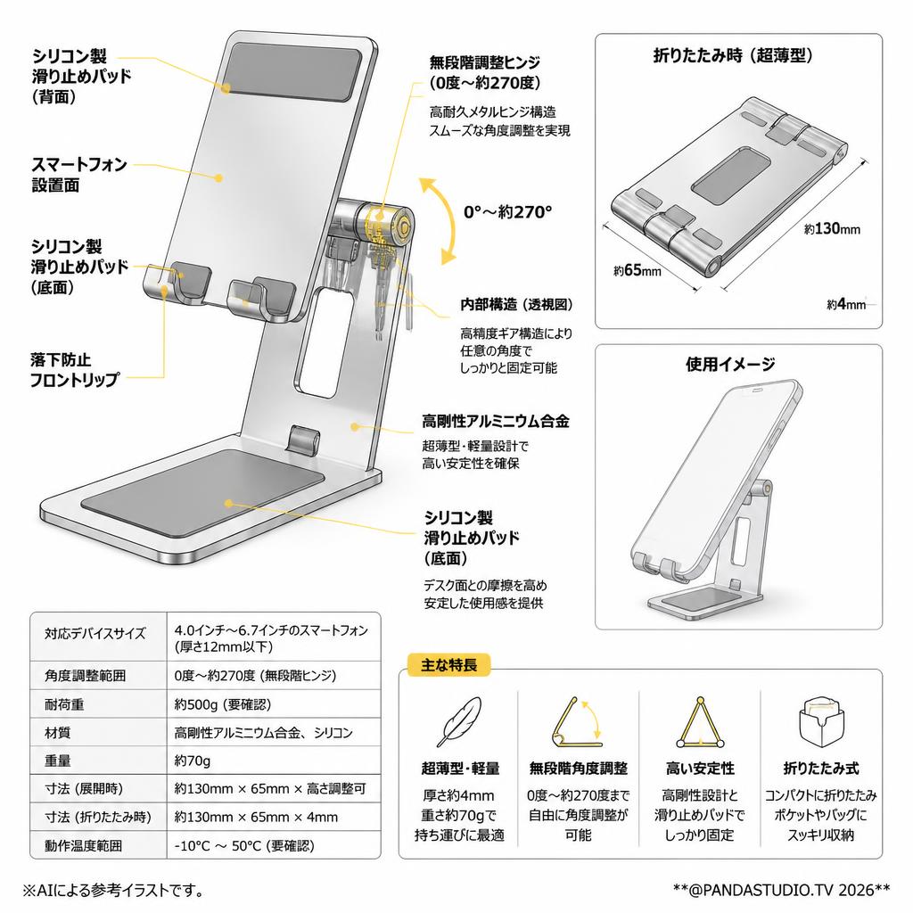 超薄型携帯電話スタンド 折りたたみ式(式銀色) スペック